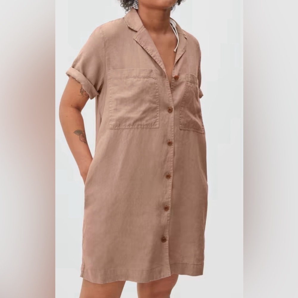 Everlane Linen Workwear Dress Size XXS Camel Short sleeve Button Up with Pockets